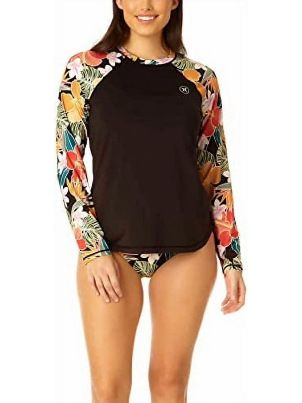 New Hurley Women's Long Sleeve UPF 50+ Rash Guard Swim Shirt Large Black Floral